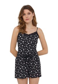 Set di canotta nera e pantaloni corti con bordo in pizzo e motivi a cuore rosa. Tessuto morbido e leggero, vita elastica con lacci.