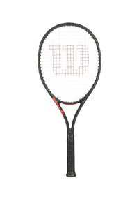 Tennisschläger mit einem schwarzen Rahmen, einem gemusterten weißen Besaitung und einem roten Logo. Verfügt über einen strukturierten schwarzen Griff und eine aerodynamische Form.