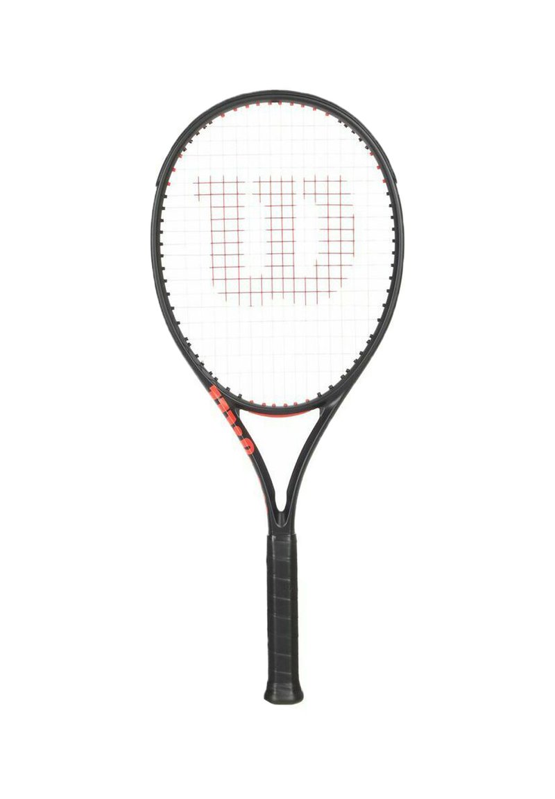 Tennisschläger mit einem schwarzen Rahmen, einem gemusterten weißen Besaitung und einem roten Logo. Verfügt über einen strukturierten schwarzen Griff und eine aerodynamische Form.