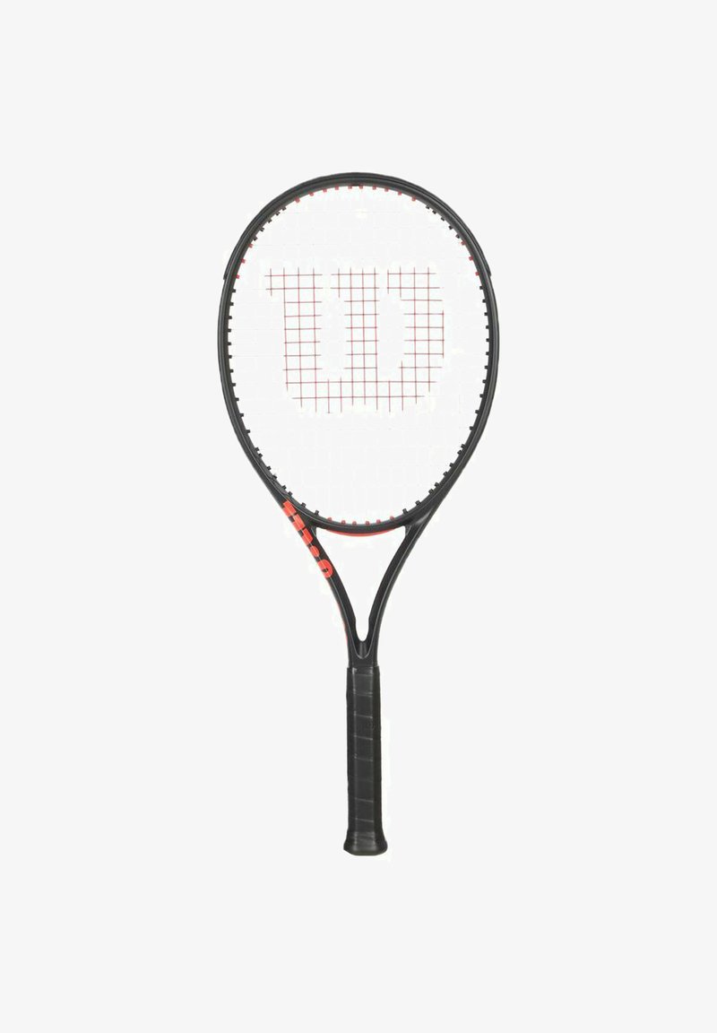 Tennisschläger mit einem schwarzen Rahmen, einem gemusterten weißen Besaitung und einem roten Logo. Verfügt über einen strukturierten schwarzen Griff und eine aerodynamische Form.