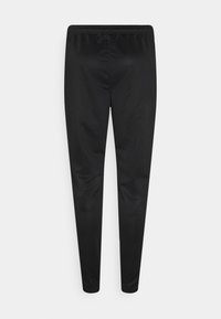 Schwarze, taillierte Hosen mit elastischem Bund, gefertigt aus einem glatten, leichten Material. Besitzt keine sichtbaren Muster oder Verzierungen.
