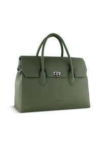Bolso de hombro verde de cuero con asas dobles, forma estructurada, cierre magnético y acentos de hardware en plata, con una textura lisa.