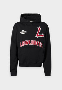 Black hooded sweatshirt featuring embroidered red "L" logo and "LOWLIGHTS" text, with "99 LIGHTYEARS AWAY" detail on the front.