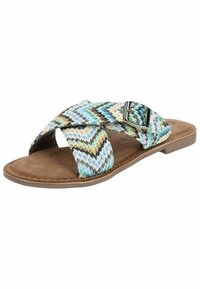 Sandalo scivoloso intrecciato con motivo a zig zag blu, beige e nero. Presenta cinturini incrociati e una fibbia metallica su un plantare in suede sintetico marrone.