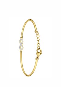 Gouden armband met een gladde, ronde vorm. Heeft een oneindigheidssymbool versierd met heldere stenen en een veilige sluiting.