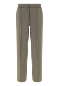 Pantalon droit pour homme de couleur vert olive avec taille élastique, bouton sur le devant et poches latérales.