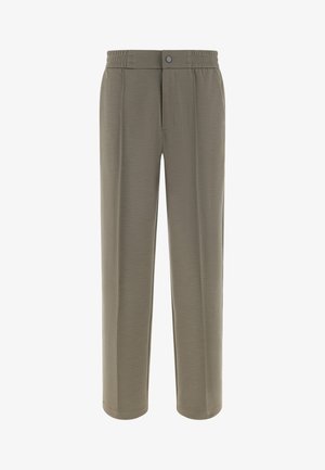 Pantalon droit pour homme de couleur vert olive avec taille élastique, bouton sur le devant et poches latérales.