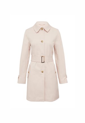 Lichtroze trenchcoat met een kraag, gouden hardwareknopen, een getailleerde taille met een riem en twee voorzakken. Gladde stof, knielange uitvoering.