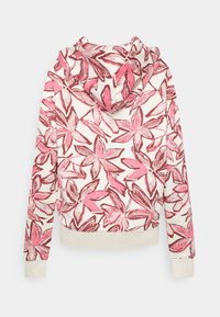 Felpa bianca con un motivo floreale rosa, dotata di cappuccio e maniche lunghe, mostrata di spalle su uno sfondo semplice.