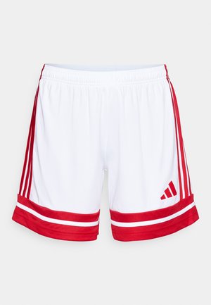 Hvide atletiske shorts med røde side-striber og kant. Har en elastisk talje og Adidas-logoet i rødt nederst til venstre.