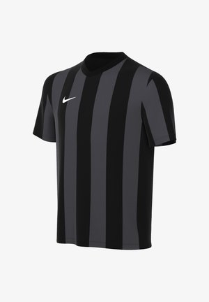 Maillot de sport Nike à manches courtes, rayé verticalement en noir et gris foncé, avec un petit logo Swoosh blanc sur la poitrine.