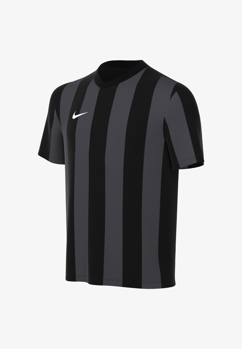 Maillot de sport Nike à manches courtes, rayé verticalement en noir et gris foncé, avec un petit logo Swoosh blanc sur la poitrine.