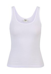 Top bianco a costine con spalline larghe, scollatura rotonda e silhouette aderente. Materiale in morbido cotone, texture liscia, design minimalista.