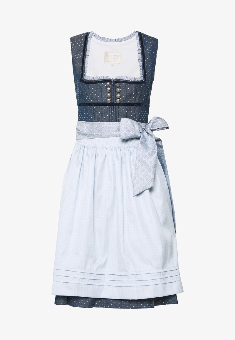 Robe dirndl traditionnelle bleue et blanche, avec un corsage ajusté à boutons, motif à pois, et ceinture nouée. Jupe texturée et encolure à volants.