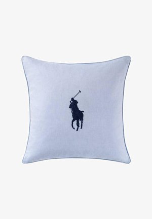 Blue cushion featuring a dark navy embroidered polo player logo. Smooth fabric with a piped edge, square shape, and simple design.