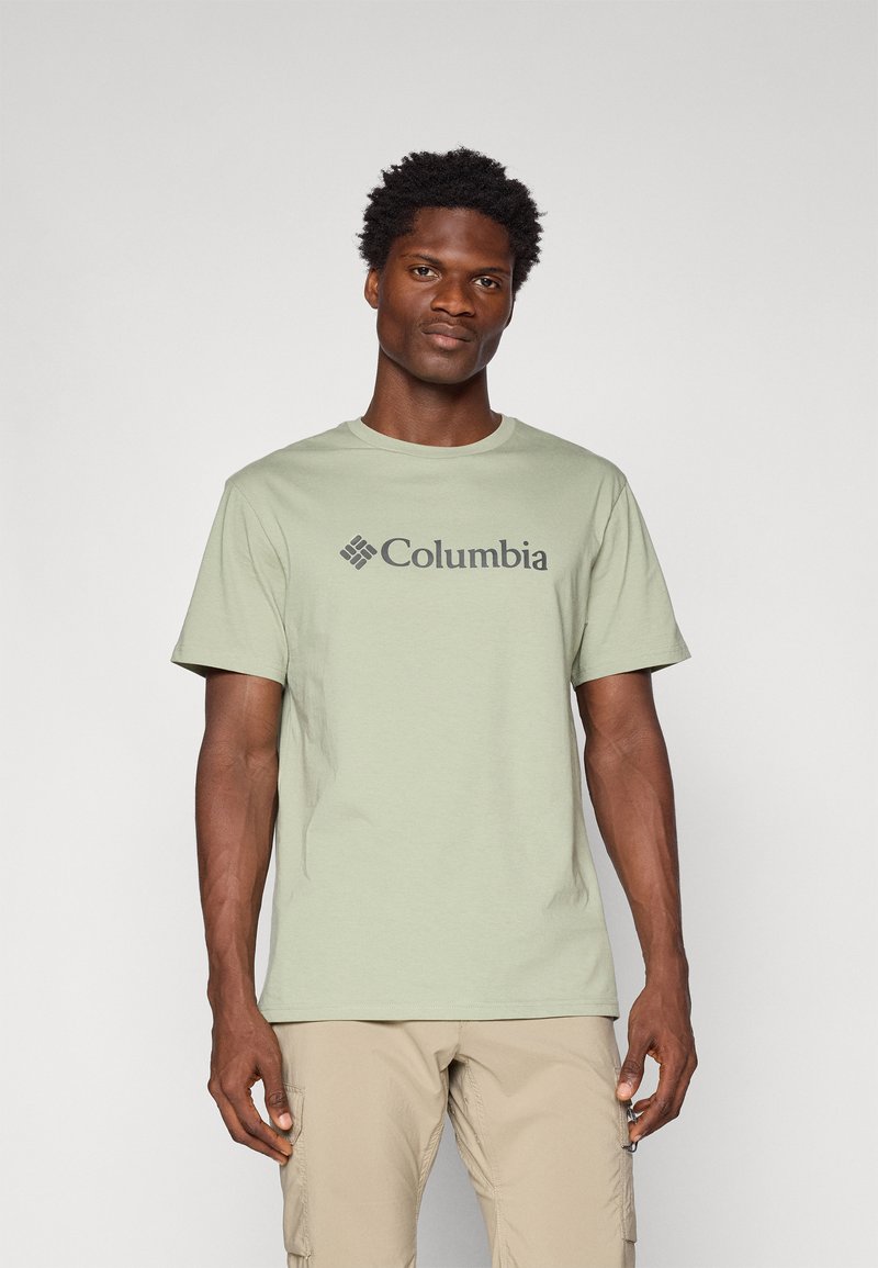 Light green cotton t-shirt featuring a dark grey "Columbia" logo, round neck, and short sleeves. Smooth texture, casual fit.