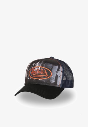 Casquette trucker noire et grise avec un dos en mesh, arborant un logo orange Von Dutch et des motifs abstraits sur la partie avant.