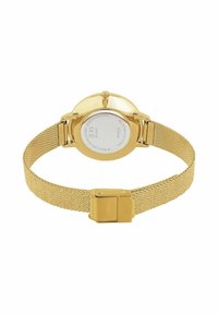 Goldfarbene Edelstahl-Uhr mit Mesh-Armband, runder Gehäuseform, polierter Oberfläche und einer silberfarbenen Rückseite mit eingravierten Details und Verschluss.