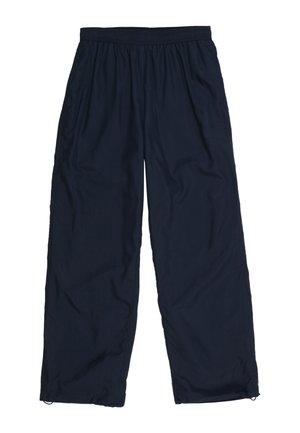 Pantalon noir à coupe ample avec taille élastique et jambes larges, adapté pour une tenue décontractée ou sportive.
