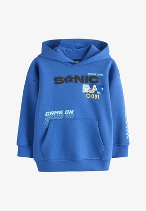 Niebieska dziecięca bluza z kapturem z grafiką Sonic the Hedgehog, tekstem "SONIC Since 1991," "Game On," i przednią kieszenią kangura.
