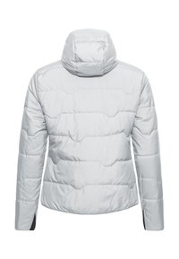 Light gray padded jacket with a hood, viewed from the back, featuring horizontal quilted stitching and long sleeves.