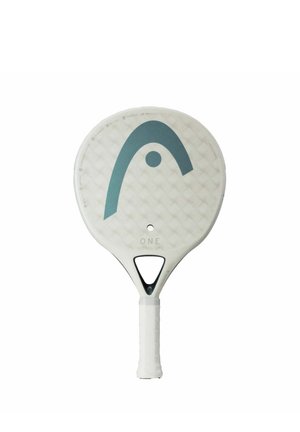 Raquette de pickleball blanche avec une surface texturée, avec un logo arc et point bleu sarcelle, et une poignée avec une découpe triangulaire près de la base.