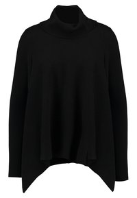 Schwarzer Rollkragenpullover mit strukturiertem Rippenmuster, mit einem lässigen Schnitt und einem schrägen Saum. Weicher Stoff mit langen Ärmeln.