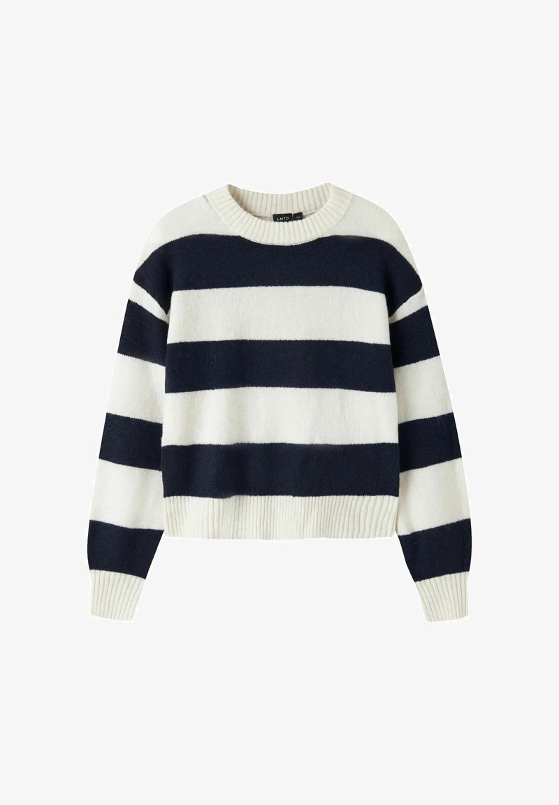 Pull en maille à manches longues avec larges rayures horizontales bleu marine et blanc, poignets et ourlet côtelés, et col rond.