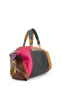Colorful handbag with mixed leather panels: pink, brown, gray, yellow, and tan. Features dual handles and gold-tone hardware accents.