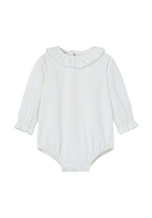 Combinaison blanche à manches longues avec col et poignets volantés, composée d'un tissu doux et d'une fermeture à pression à la base pour un habillage facile.