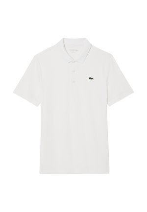 Hvid bomulds polo skjorte med korte ærmer, tre-knaps placket og et grønt Lacoste-logo på venstre bryst. Glat tekstur.