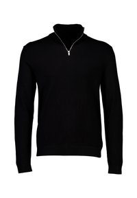 Schwarzer Pullover mit halbem Reißverschlusskragen, langen Ärmeln, gerippten Bündchen und Saum. Aus Strickstoff gefertigt und mit einer glatten Textur.