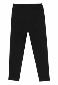 Leggings negros hechos de una mezcla de algodón elástico. Presentan una cinturilla elástica y una textura suave sin patrones o acentos visibles.