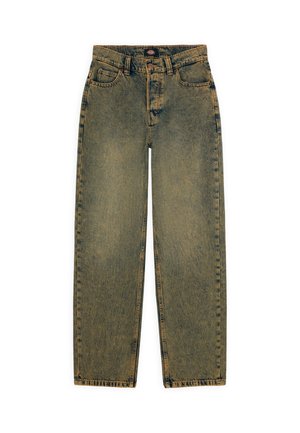 Jeans in denim scuro e sbiadito con vestibilità comoda, gambe dritte, cinque tasche, passanti per cintura e chiusura con bottoni.