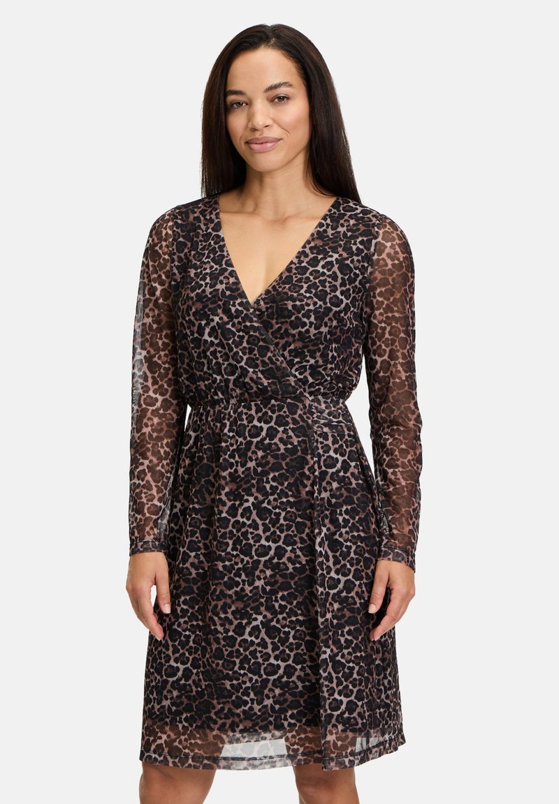 Leopardenmuster-Wickelkleid aus durchsichtiger Stoff, mit langen Ärmeln, tiefem V-Ausschnitt und einem Taillengürtel für eine verstellbare Passform.