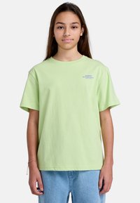 T-shirt in cotone verde chiaro a maniche corte con colletto rotondo, con la scritta blu "ELEMENT SKATEBOARD" nella zona sinistra del petto.