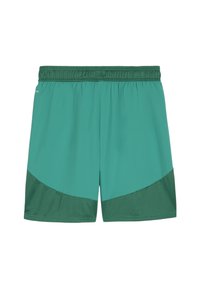 Pantaloni corti leggeri verdi con una texture a rete nella parte inferiore. Vita elastica per una vestibilità, con accenti in verde scuro a contrasto.