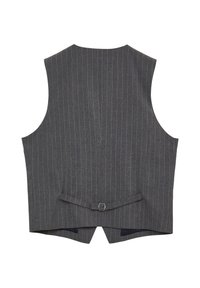Gilet à fines rayures grises foncées vu de dos avec une sangle ajustable à la taille et une légère encolure en V à l'ourlet.