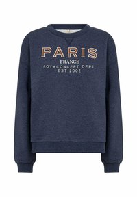 Donkerblauwe sweatshirt met de tekst "PARIS FRANCE" in grote, contrasterende letters. Zachte, gestructureerde stof met geribbelde manchetten en een ronde halslijn.