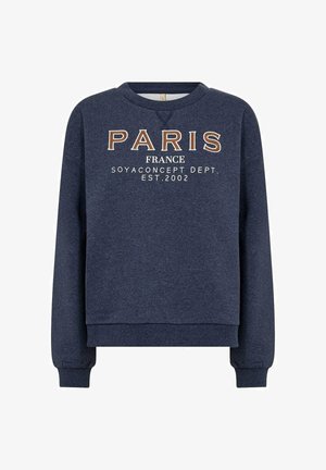 Donkerblauwe sweatshirt met de tekst "PARIS FRANCE" in grote, contrasterende letters. Zachte, gestructureerde stof met geribbelde manchetten en een ronde halslijn.