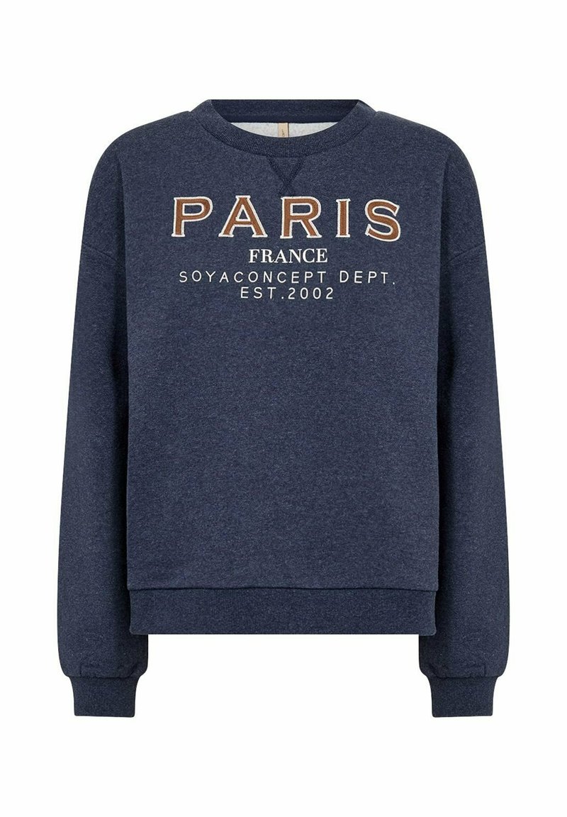 Donkerblauwe sweatshirt met de tekst "PARIS FRANCE" in grote, contrasterende letters. Zachte, gestructureerde stof met geribbelde manchetten en een ronde halslijn.