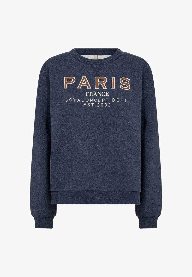 Donkerblauwe sweatshirt met de tekst "PARIS FRANCE" in grote, contrasterende letters. Zachte, gestructureerde stof met geribbelde manchetten en een ronde halslijn.