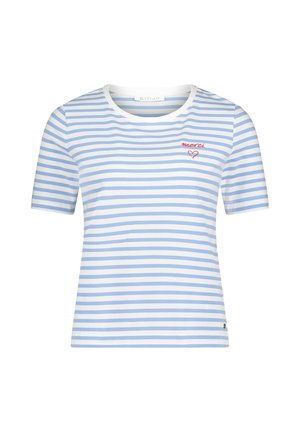 Biały T-shirt z krótkim rękawem, z jasnoniebieskimi, poziomymi paskami oraz czerwonym napisem „merci” z sercem na górnej lewej części klatki piersiowej.