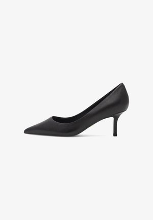 Schwarzer Pumps aus Leder mit spitzer Schuhspitze und schlankem Stiletto-Absatz, mit glatter Textur und minimalistischem Design.