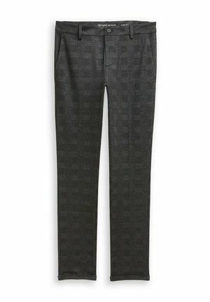 Dunkelgraue Hose mit dezentem Kariermuster aus weichem Stoff. Verfügt über einen Standardbund mit Gürtelschlaufen und vordere Taschen.