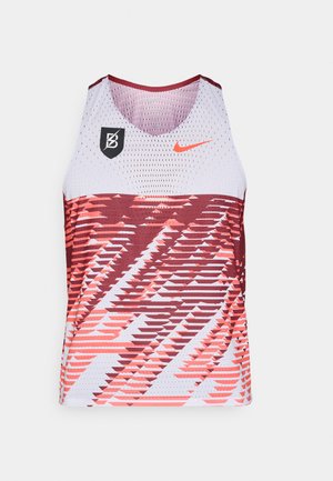 Sleevet tanktop til sport i mesh-stof, rød og hvid farveskema, dynamiske geometriske mønstre og et Nike-logo på brystet.