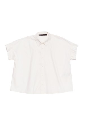 White short-sleeve button-up shirt with a classic collar, made from cotton. Features a relaxed fit and smooth texture.