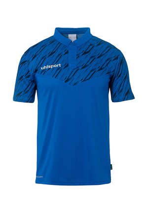Blå sports polo skjorte med et struktureret sort mønster øverst, en krave med to knapper og et logo på venstre side.