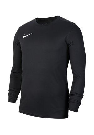T-shirt de sport à manches longues noir en tissu lisse, avec un col rond et un petit logo Nike blanc sur la poitrine.