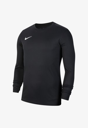 Long-sleeve black athletic shirt made from smooth fabric, featuring a round neckline and a small white Nike logo on the chest.